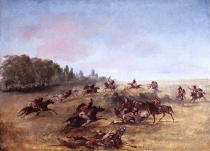 Grupo de guerra montado recorriendo un matorral