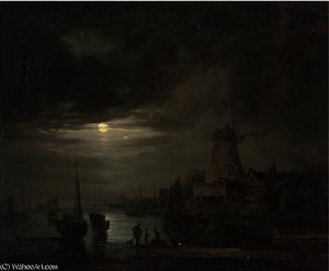 Figures on the bank of a river, by moonlight