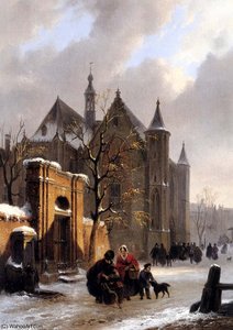 A capricio view with figures leaving a church in winter