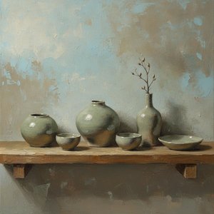 Vasi In Ceramica E Rametto Germogliante Su Quercia Invecchiata — Laurent Roche