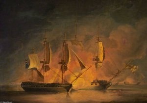 Action At Sea - An English And A French Frigate Engaging — Robert Dodd