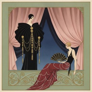 Figures In Crimson And Gold Amidst Sculptural Black Drapery — Valentin Laurent De Courcey