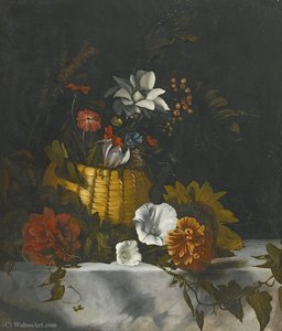 A Still Life Of A Basket Of Flowers On A Large Marble Ledge — Dirck De Bray
