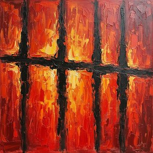 Luminous Embers Trapped Within A Monolithic Grid Of Obsidian Impasto Strokes — Christian Noiret, Contemporary Abstract