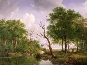 A Wooded River Landscape With Sportsmen In A Rowing. — Andreas Schelfhout