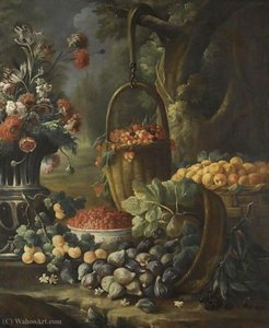 An Upturned Basket Of Figs, Together With Apricots, Other Fruit And Flowers In A Landscape Setting — Baldassarre De Caro