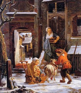 Winter city view with children Sun