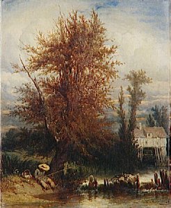 Paysage avec moulin et pêcheur
