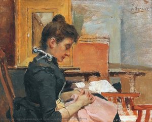 Interior with woman embroidering