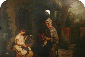 An Old Woman Knitting and a Girl Holding a Pot Plant