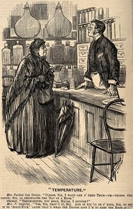 An old lady in a chemists misunderstanding the use of a ther