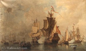An amsterdam man-of-war firing a salute across the bows of a ferry bringing dignatories