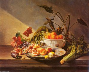 a still life with fruit and vegetables on a table