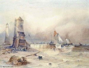 Fishermen On A Breakwater Before A Lighthouse With Boats Heading Out To The Fishing Grounds