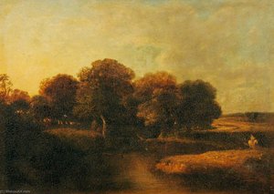 Wooded Stream with Anglers and a Man on a White Horse
