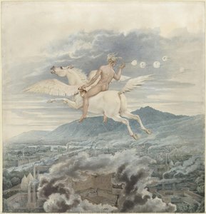 Female figure (blowing bubbles), as allegory of Christian Peter Wilhelm Beuth, riding Pegasus over an industrial city