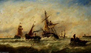 A Damaged Brig Being Towed into Harbour