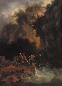 Fishermen Netting Fish Off A Rocky Ledge In A Mountainous Wooded Landscape