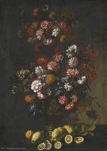Still life of flowers in a bronze urn, lemons on the ledge beneath