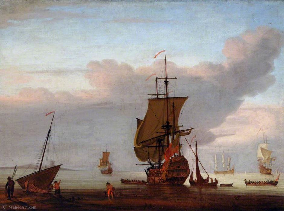 Shore Scene With Figures, Man O' War And Rowing Boats — Piotr Monamy