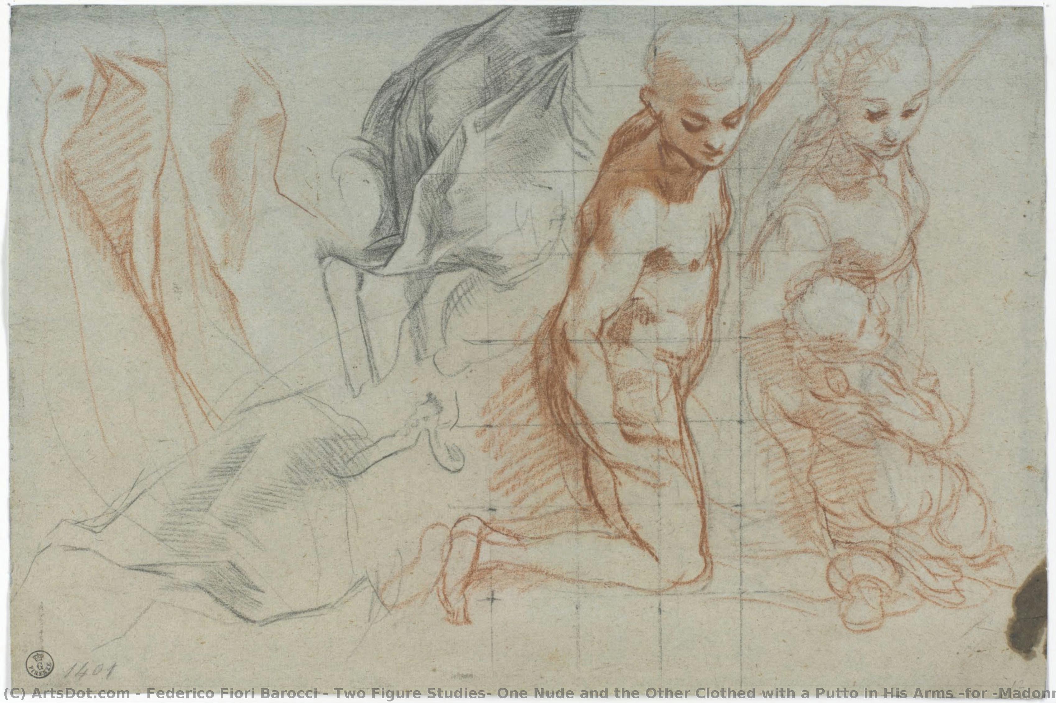 Zwei Figurenstudien, Eine Nackt Und Die Andere Bekleidet Mit Einem Putto In Seinen Armen (für „madonna Del Popolo“, Florenz, Galleria Degli Uffizi); Studien Zum Faltenwurf — Federico Fiori Barocci