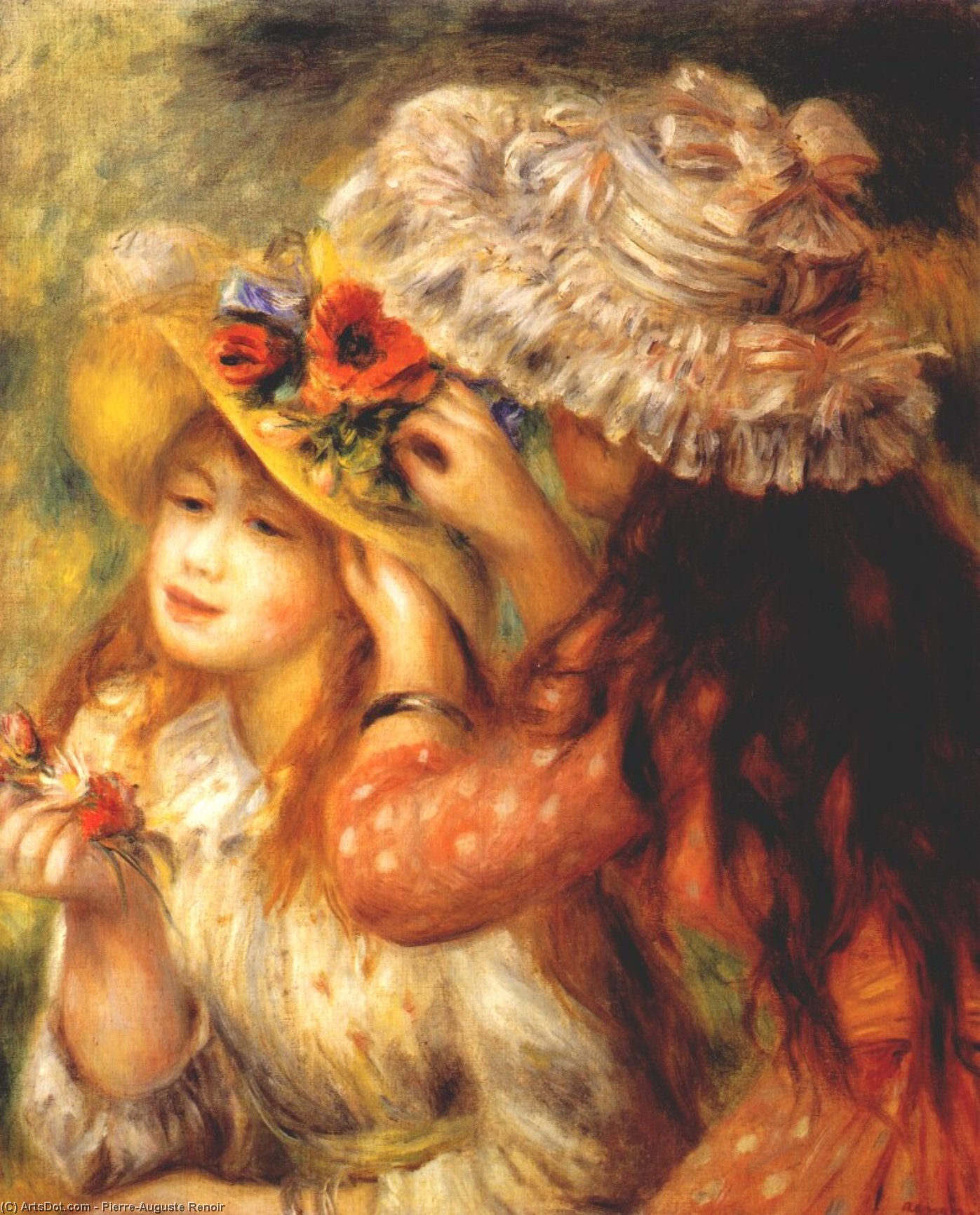 Niñas Poniendo Flores En Sus Sombreros — Pierre-auguste Renoir