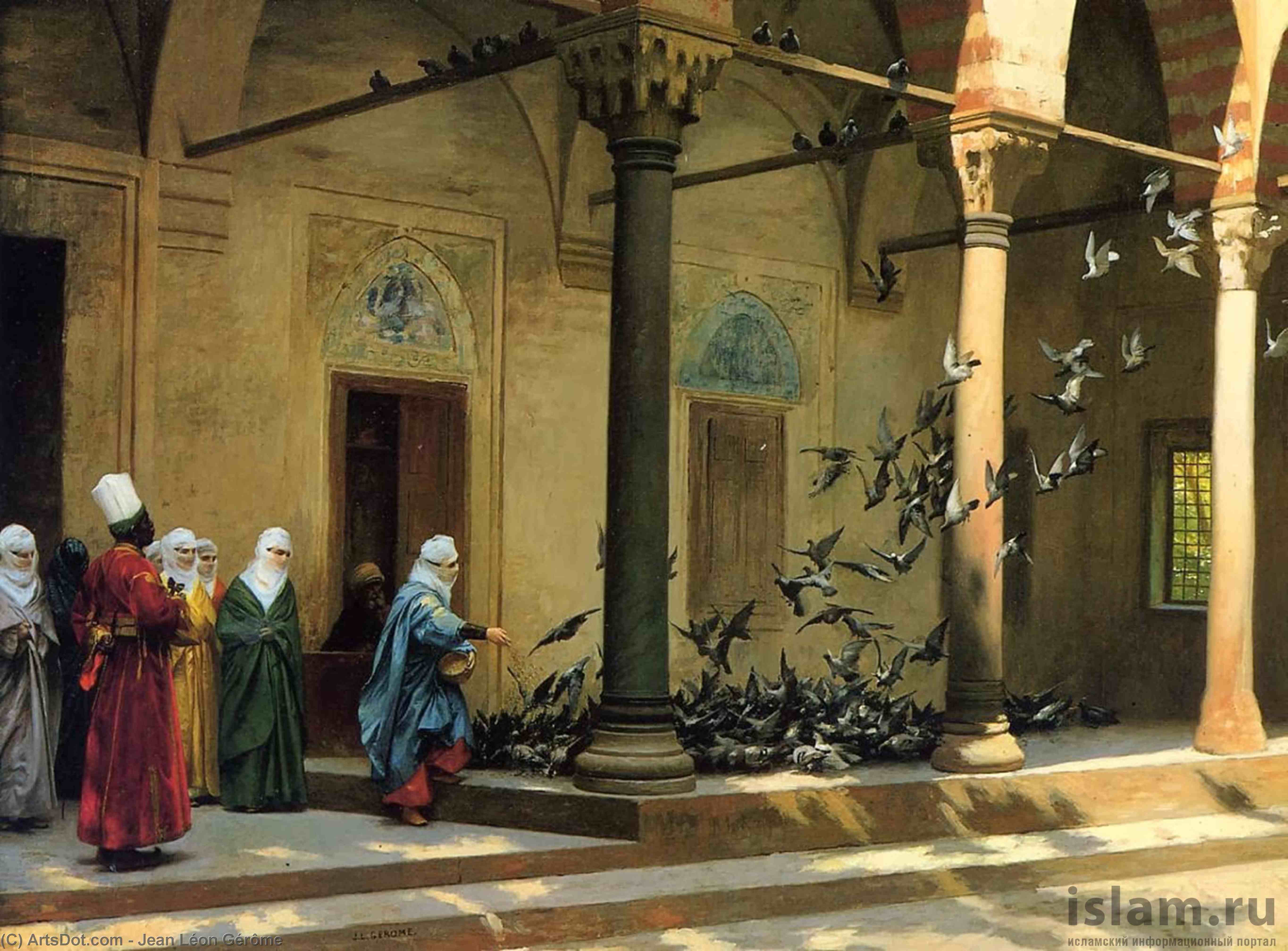 Harem Women Feeding Pigeons În Courtyard — Jean-léon Gérôme