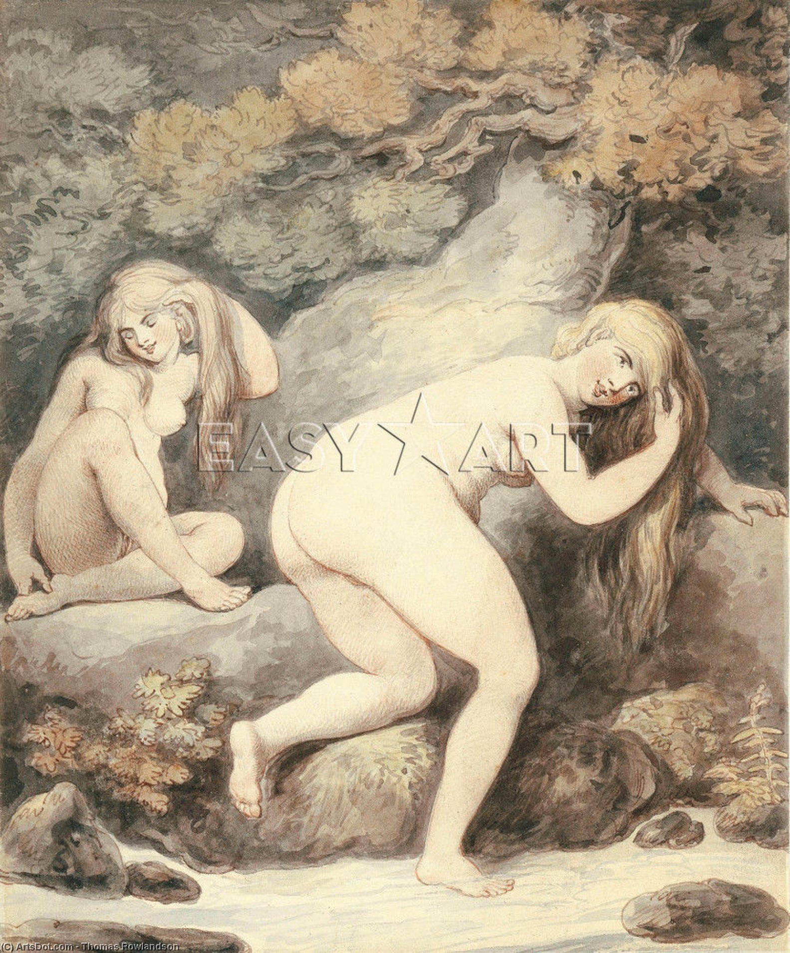 Two Women Bathing In A Stream — Thomas Rowlandson