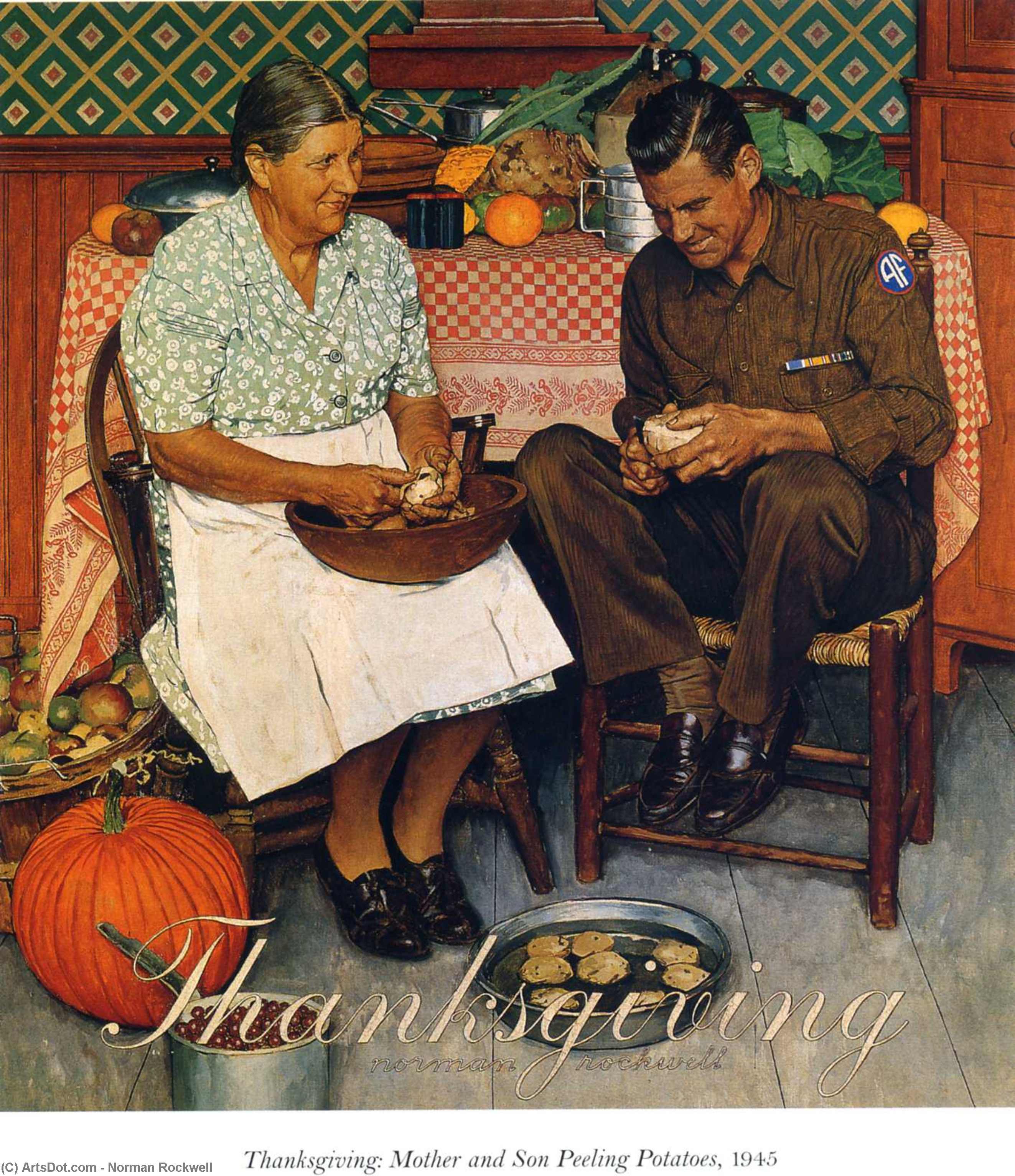 Thanksgiving Mother And Son Peeling Potatoes — Norman Rockwell