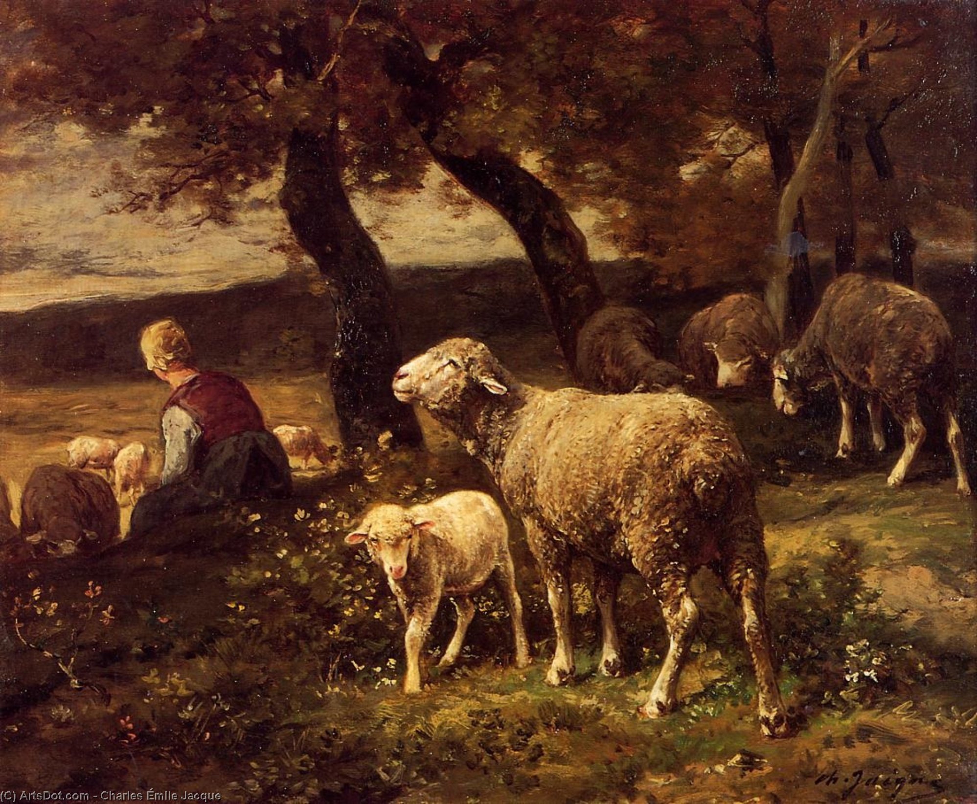 Shepherdess And Sheep — Charles-émile Jacque