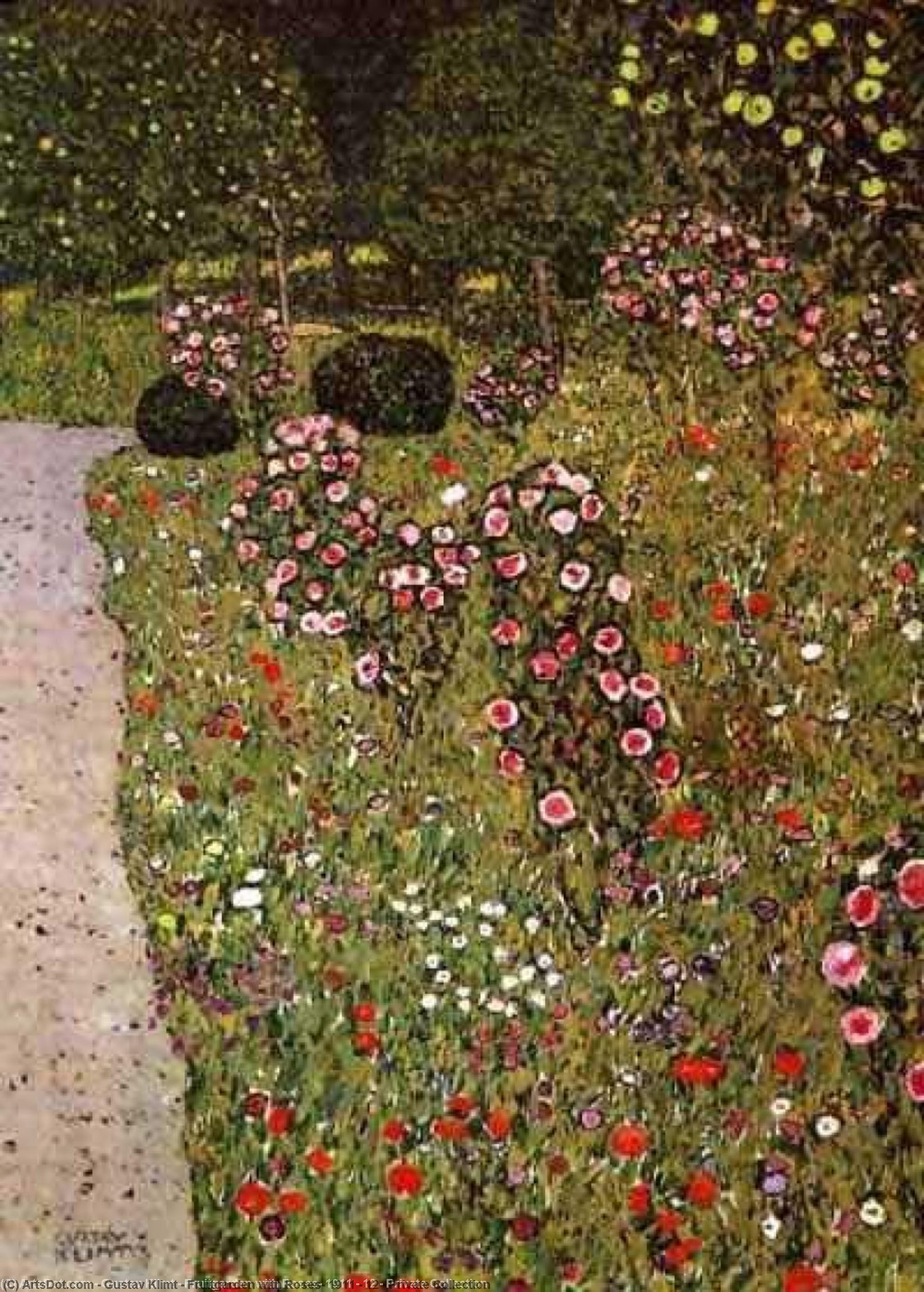 गुस्ताव क्लिमिट का ‘फ्रूइटगार्डन विथ रोजेस’ (fruitgarden With Roses) 1911-12 - एक निजी संग्रह, प्रकृति और कला के मिलन का एक शानदार उदाहरण है। यह कलात्मकता और भावनाओं का मिश्रण है। क्लिमिट की कला में प्रतीकवाद और सजावटी कला का गहरा प्रभाव है। इस पेंटिंग मे — गुस्ताव क्लिम्ट