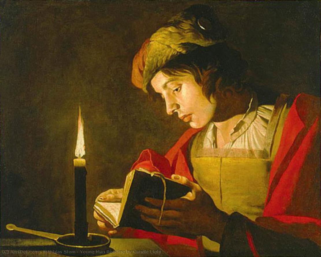 Young Man Reading By Candle Light — Matthias Stom