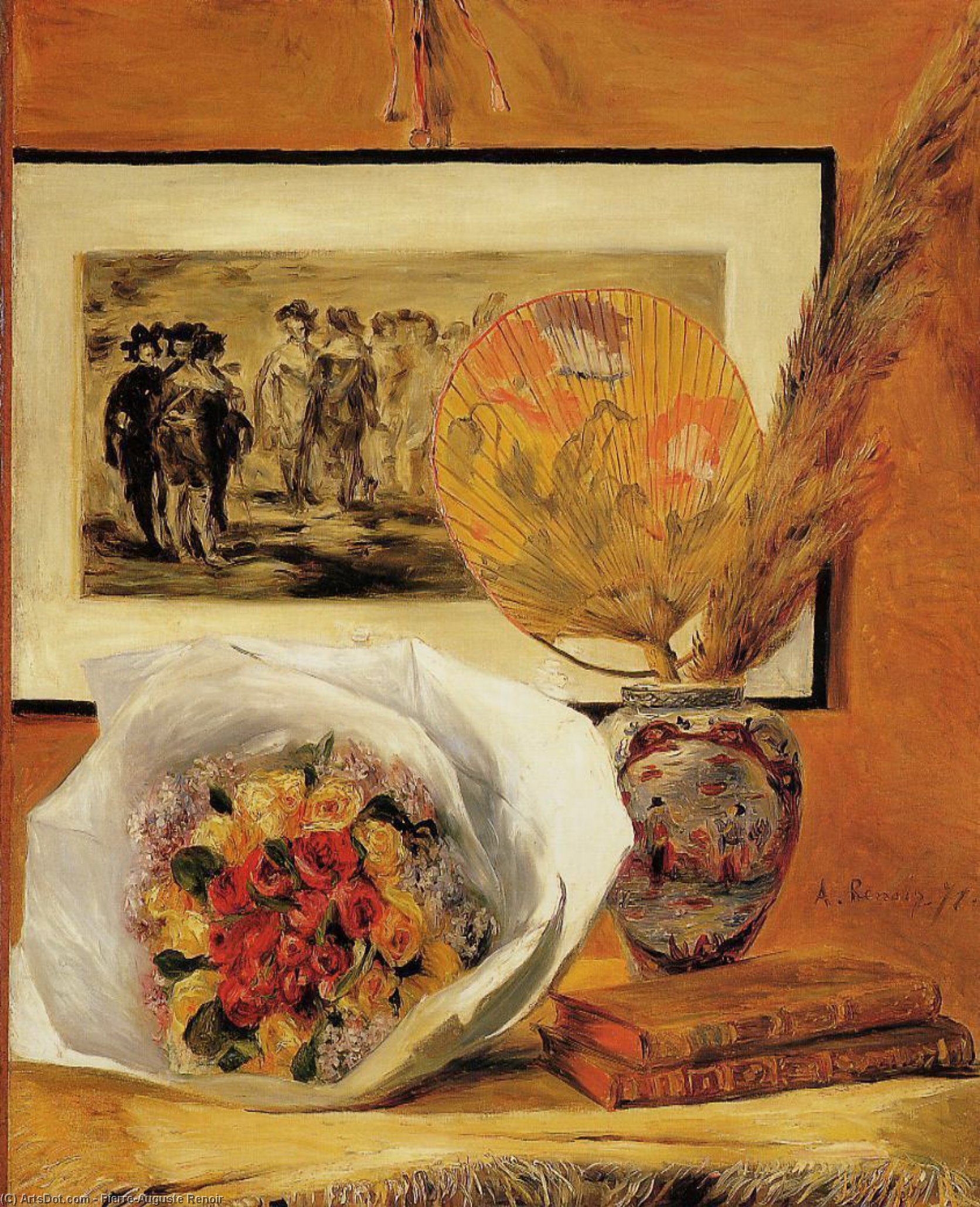 Na Sliki Je Prikazljen Cvetni Ponat, Kjer So Cveti V Posami V Postavi Na Mizi. V Posami So Rumeni Rožnati, Poleg Njih Pa So Tudi Knjige. Na Ozadju Je Slikana Podoba. Velikost: 58 X 73 Cm. Datum: 1871. "still Life With Bouquet" Se V Slovenščini Prevede Kot — Renoir
