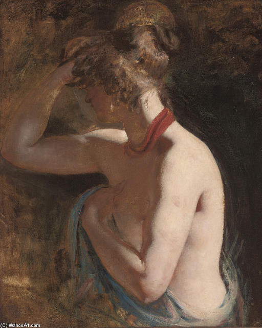 Étude D'un Nu Féminin, Mi-corps, Drapé Dans Un Châle Bleu Avec Une Écharpe Rouge Autour Du Cou — William Etty
