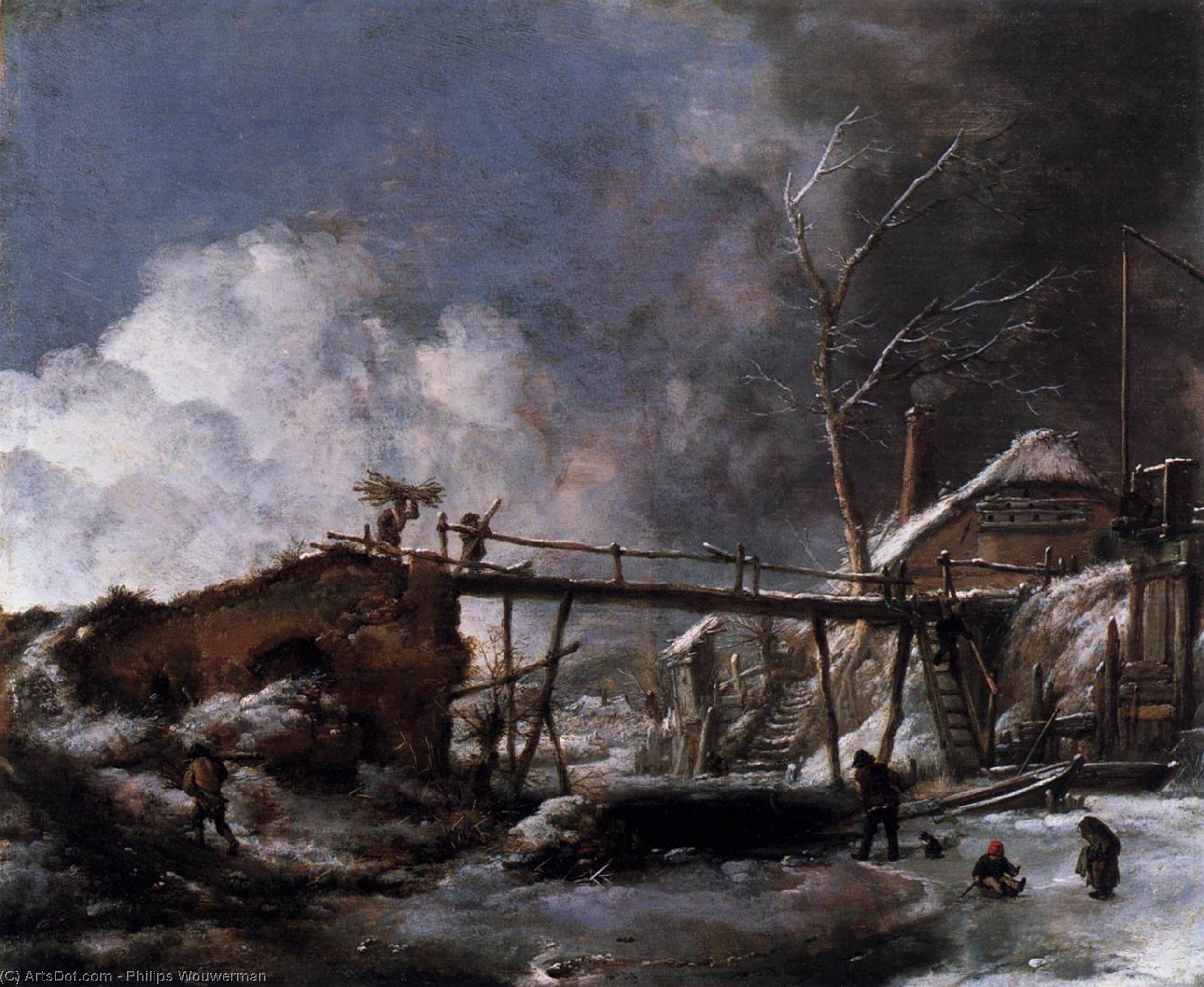 Zimní Krajina S Dřevěným Můstem — Philips Wouwermaan