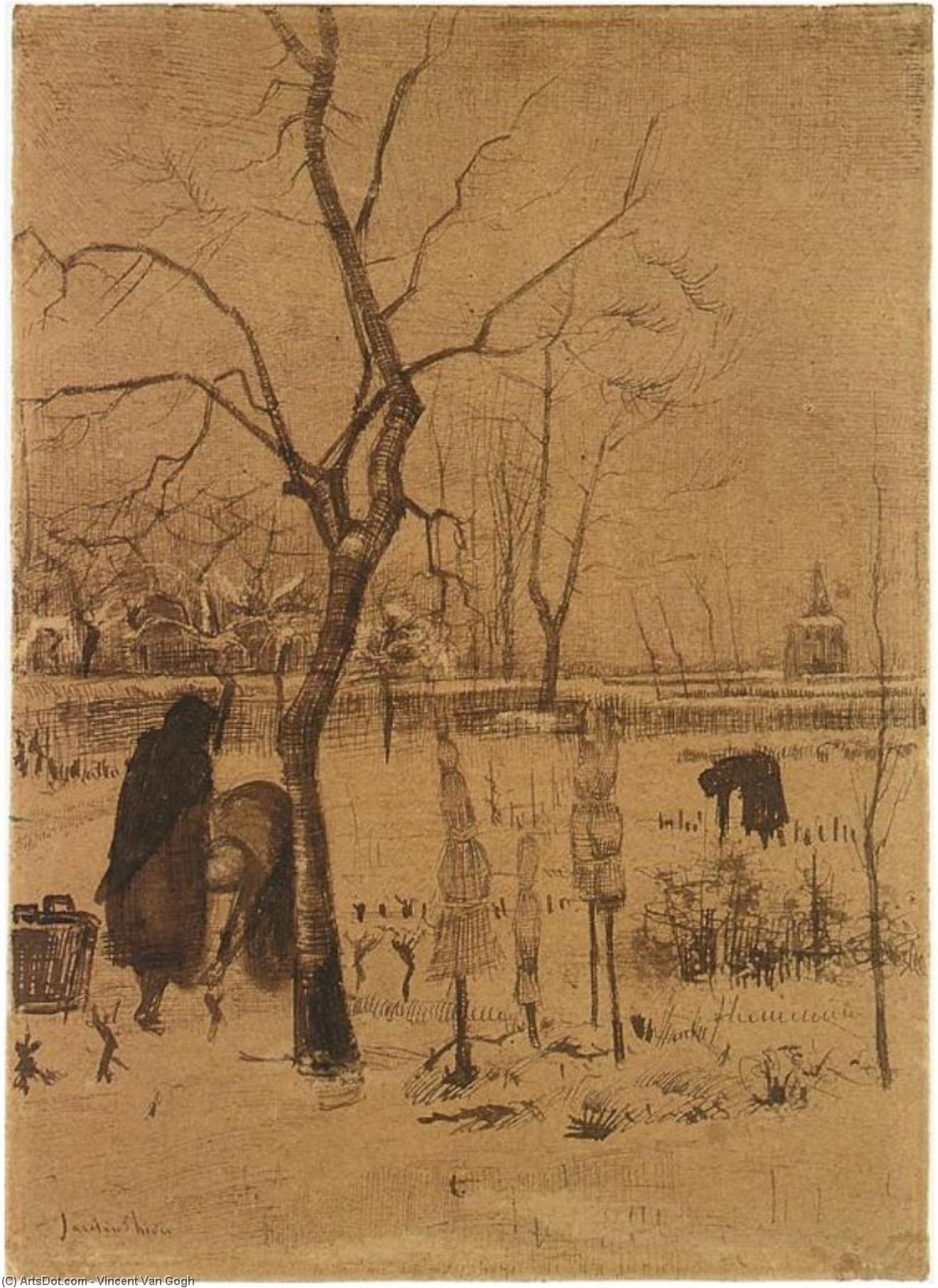 Parsonage Garden In The Snow With Three Figures — Vincent Willem Van Gogh