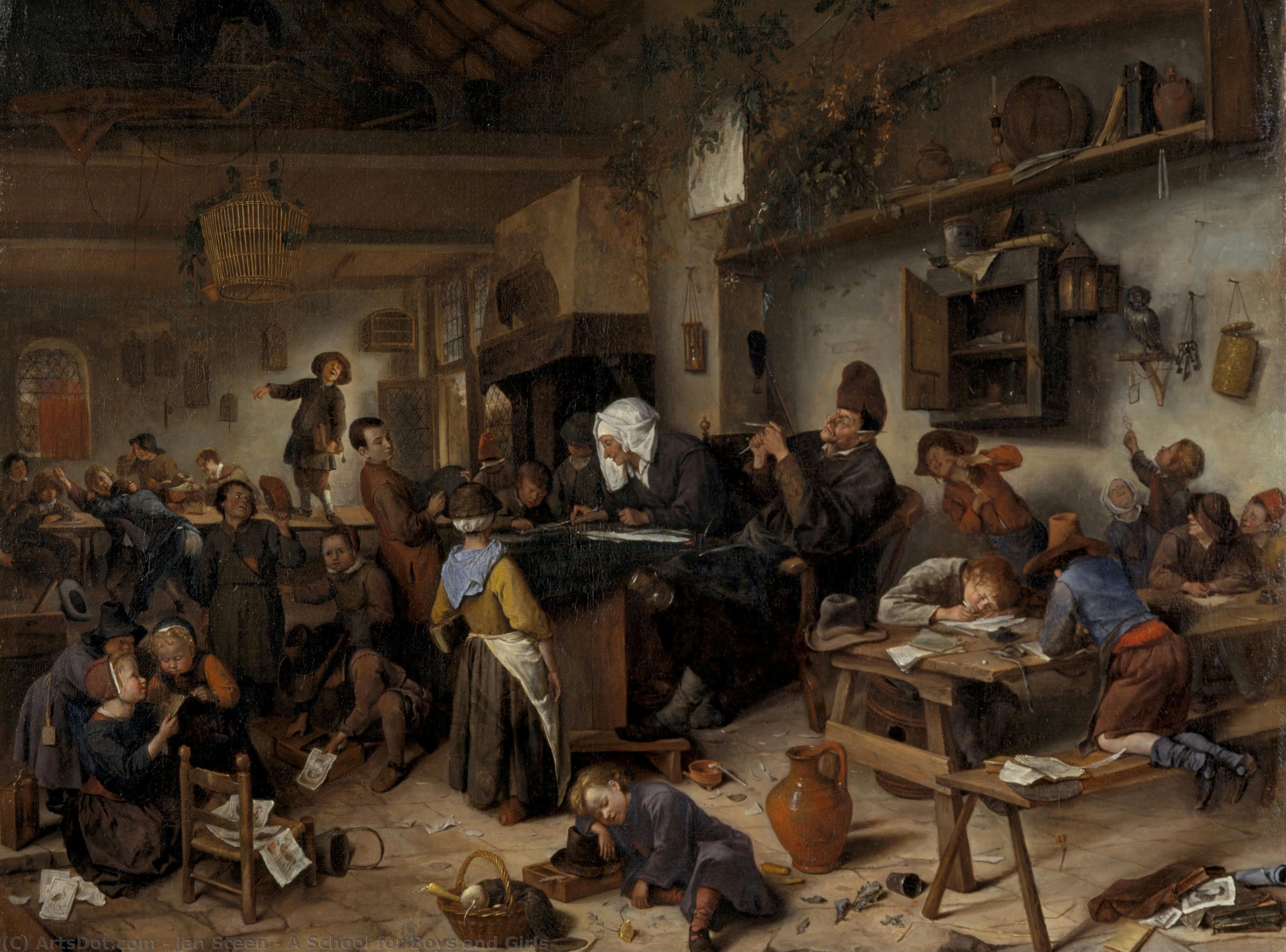 "a School For Boys And Girls" -> "poikien Ja Tyttöjen Koulu" — Jan Steen