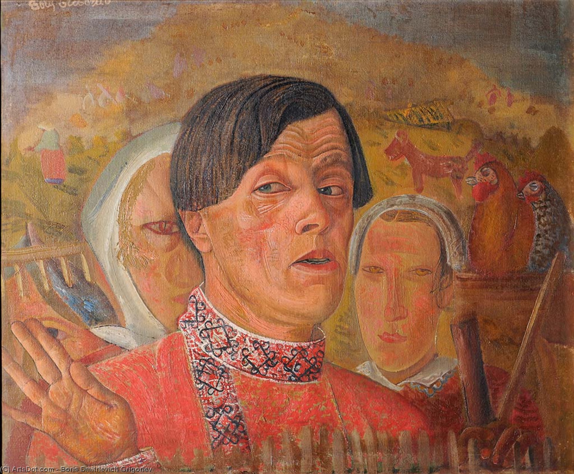 Self-portrait With Rooster And Hen — Boris Dmitrievič Grigoriev