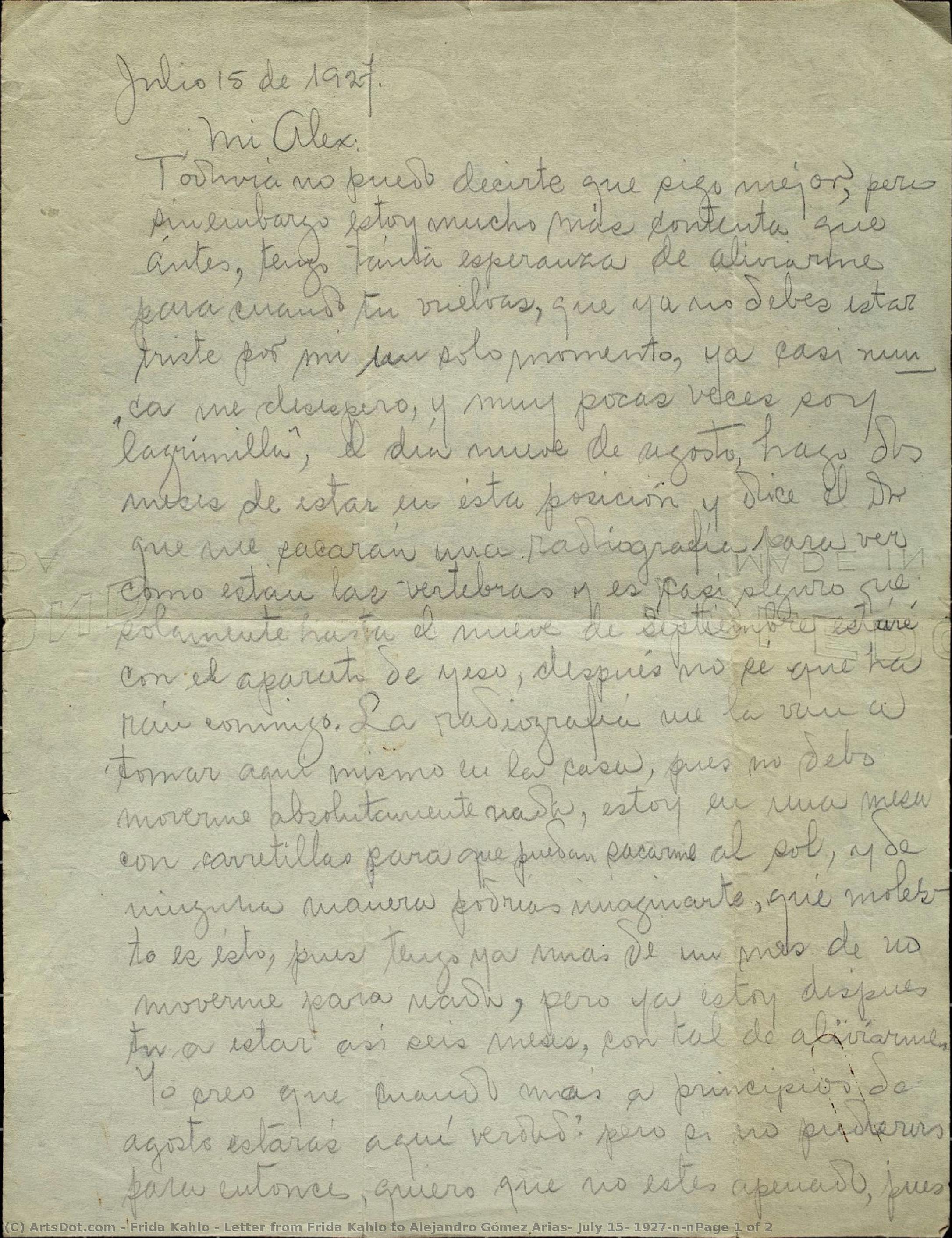 Letter From Frida Kahlo To Alejandro Gómez Arias, July 15, 1927\n\npage 1 Of 2 — Frida Kahlo
