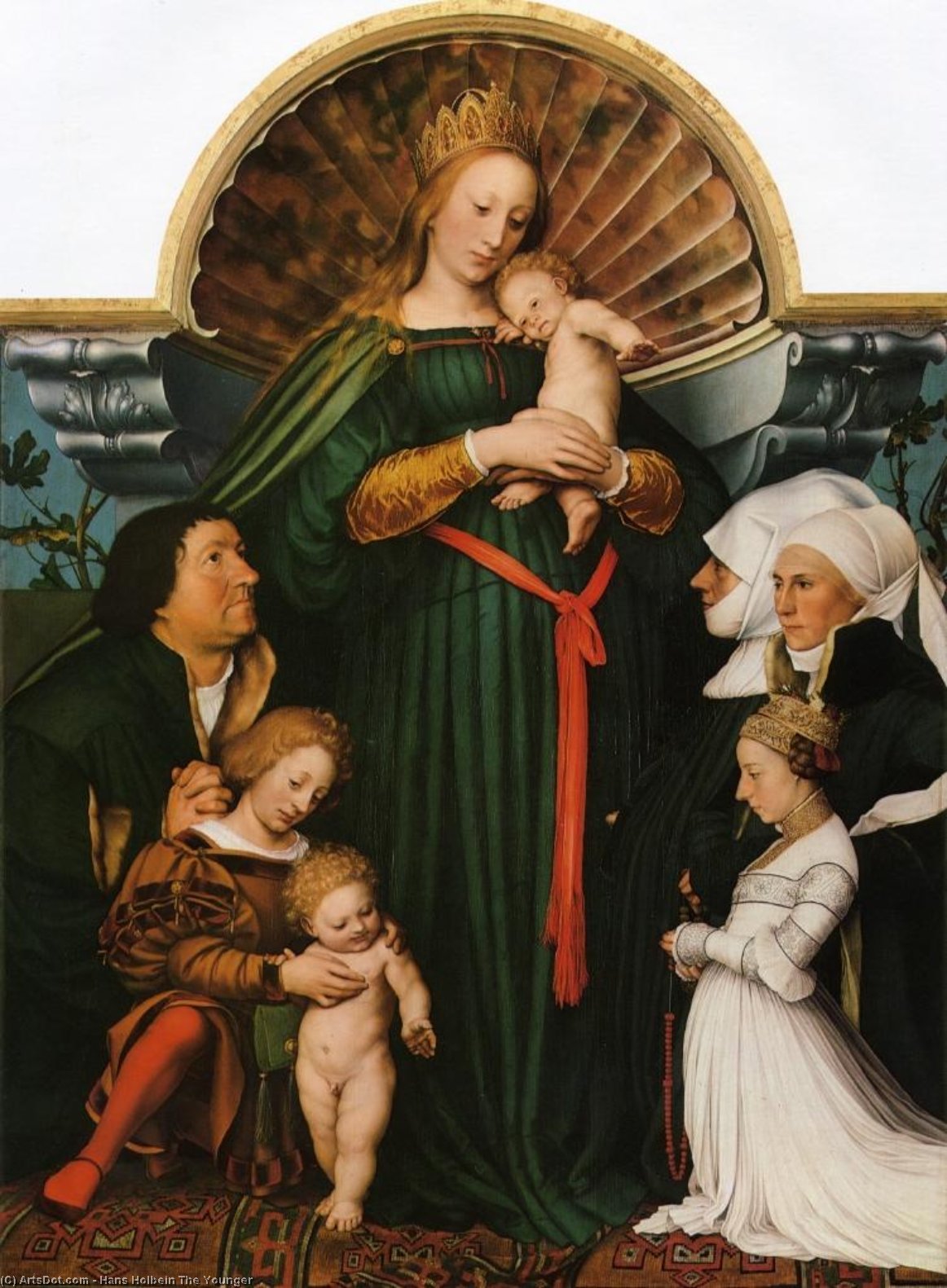 Meyer Madonna (dar Žinoma Kaip Darmstadt Madonna) – Hans Holbein Jauneslįs Meno Kūrinys, Kuriame Įvyksta Dievo Motinos Ir Ježiui Kristumi Atkeliaujančio Vaiko Pasisakymas. Šis Reljefas Iš Aukso Ir Marmuro Yra Puikus Pavyzdys Renesanso Periodo Meistriškumo — Hansas Holbeinas Mažesnysis