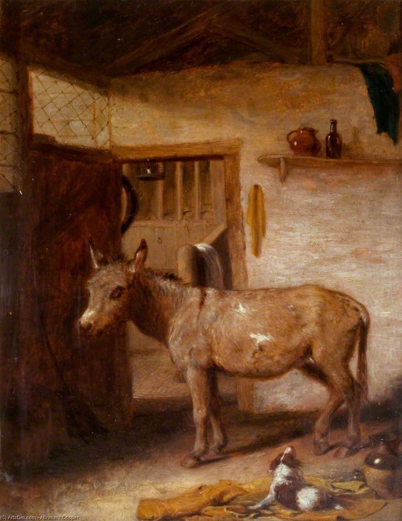 A Donkey And A Spaniel In A Stable — Abrahám Cooper
