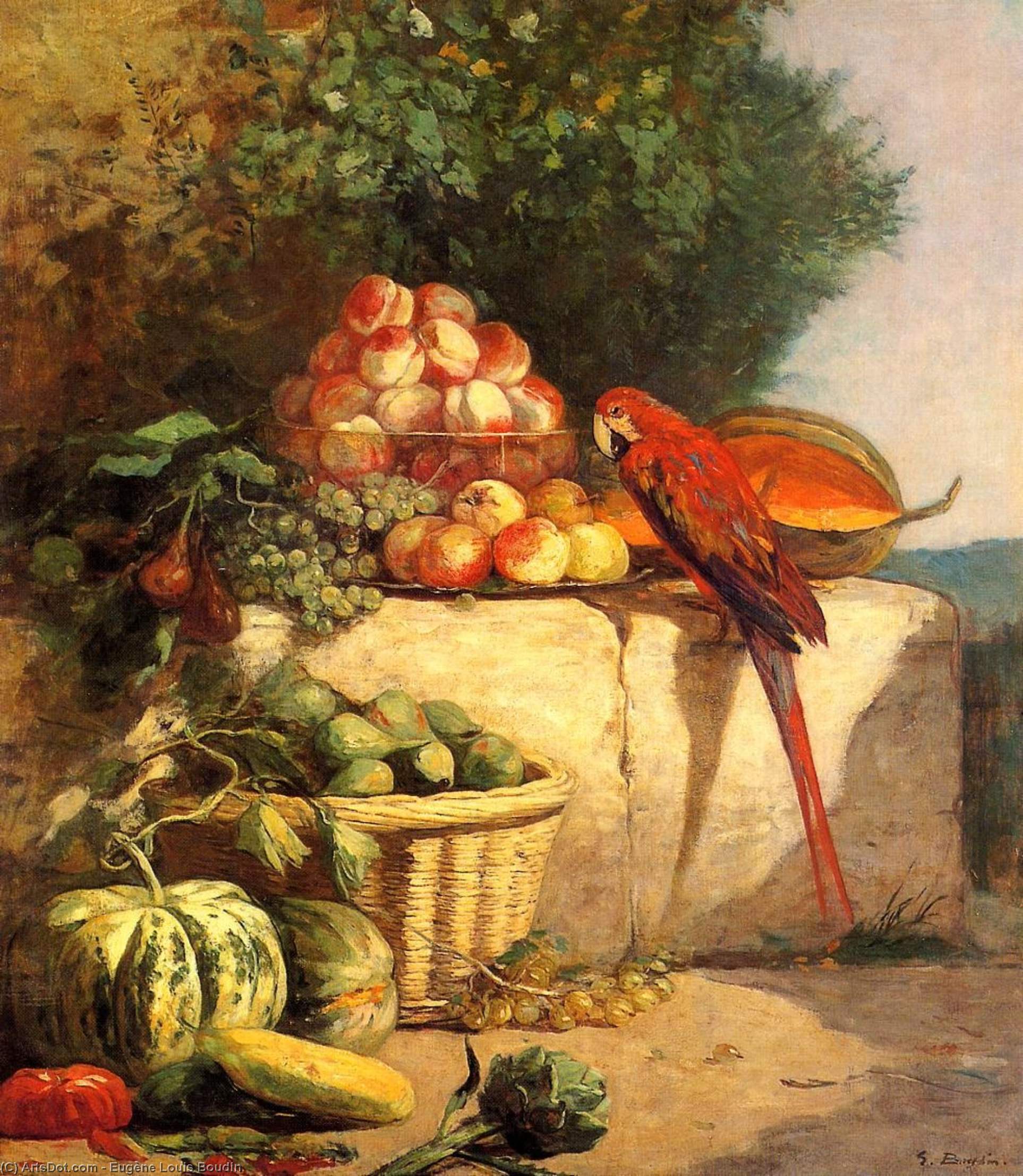 Fruit And Vegetables With A Parrot — Eugène Louis Boudin