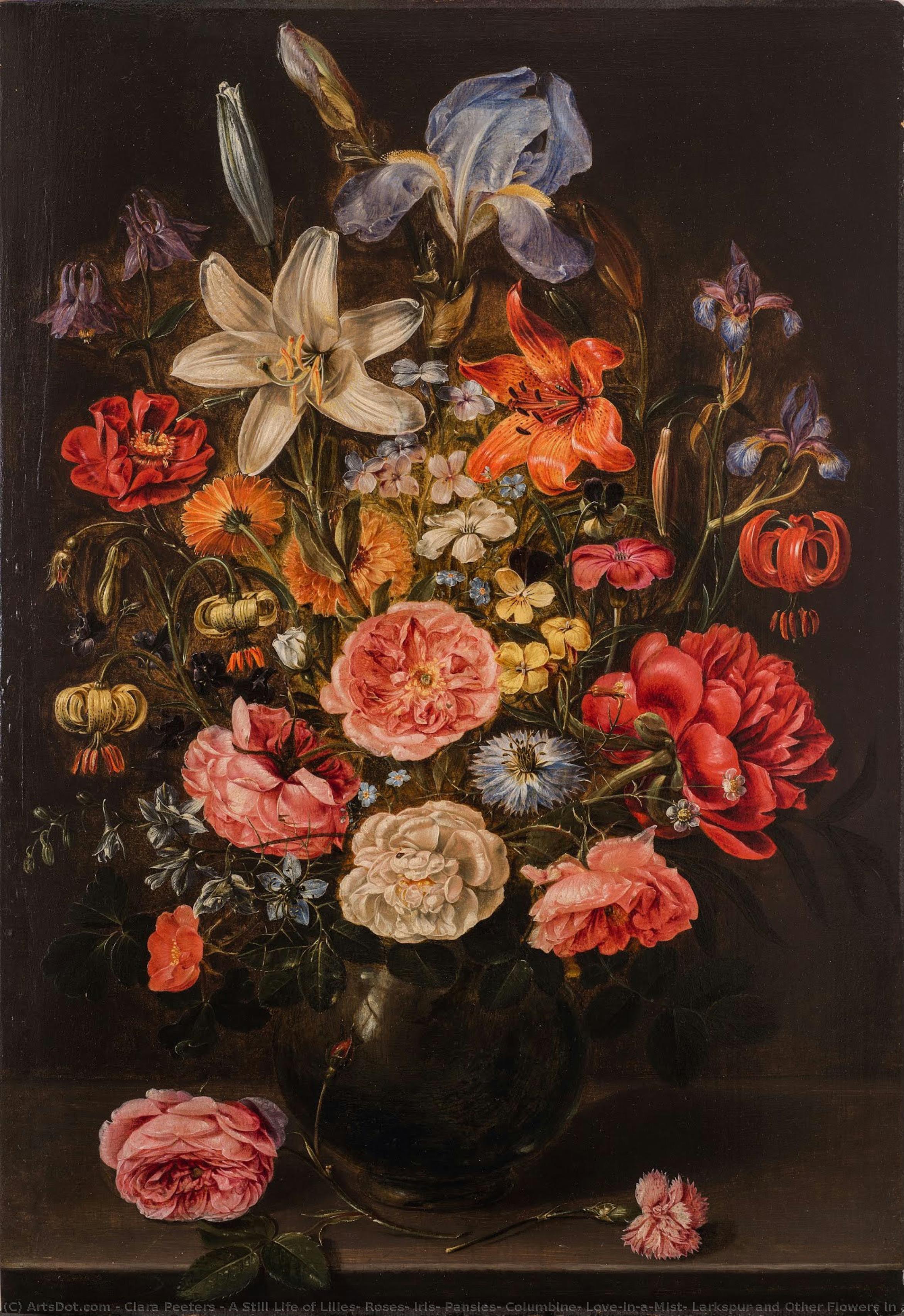 A Still Life Of Lilies, Roses, Iris, Pansies, Columbine, Love-in-a-mist, Larkspur And Other Flowers In A Glass Vase On A Table Top, Flanked By A Rose And A Carnation - Żółwica Kwiatowa Lilii, Róży, Irysa, Fiołków, Kolumbiny, Łubinów I Innych Kwiatów W Szk — Clara Peeters