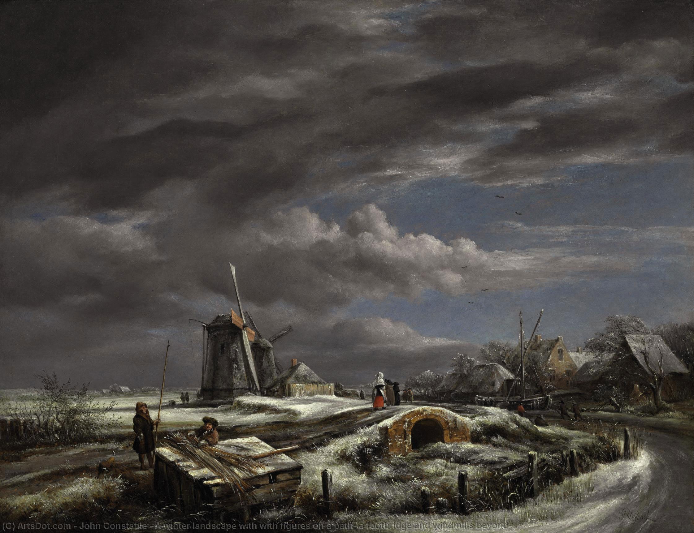 A Winter Landscape With With Figures On A Path, A Footbridge And Windmills Beyond — John Constable