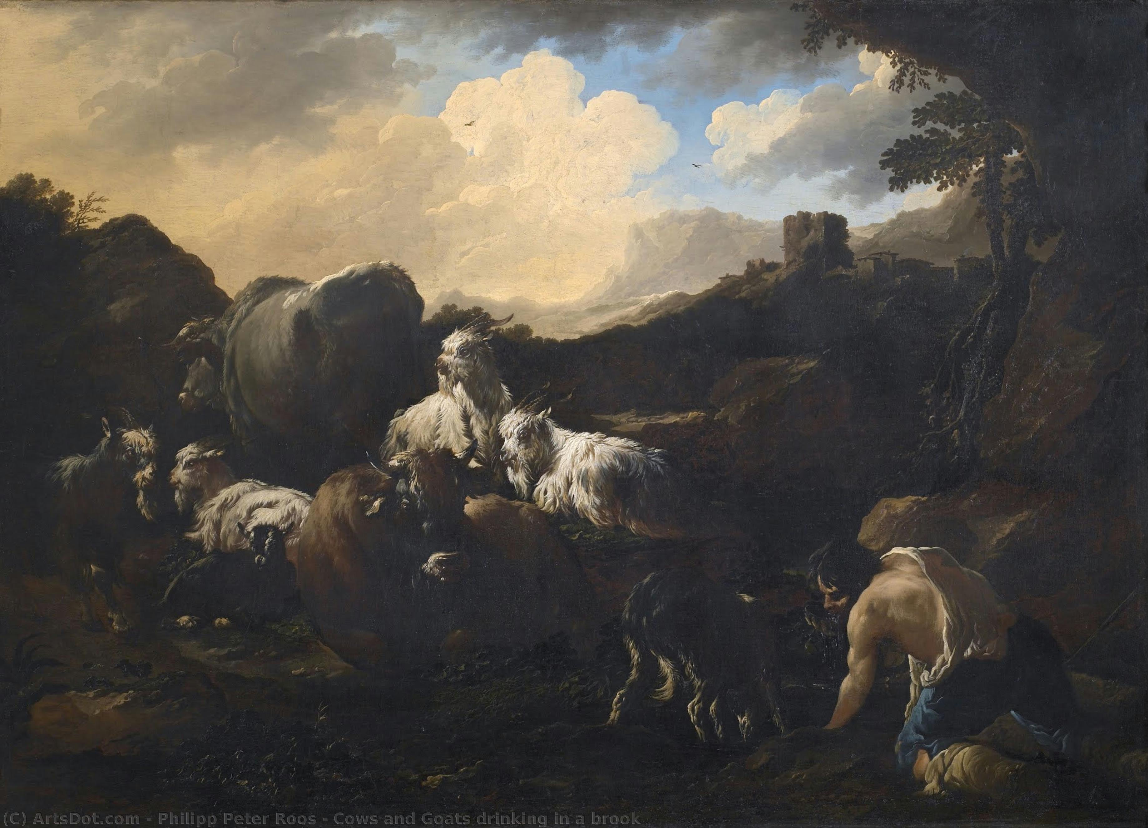 Cows And Goats Drinking In A Brook — Philipp Peter Roos