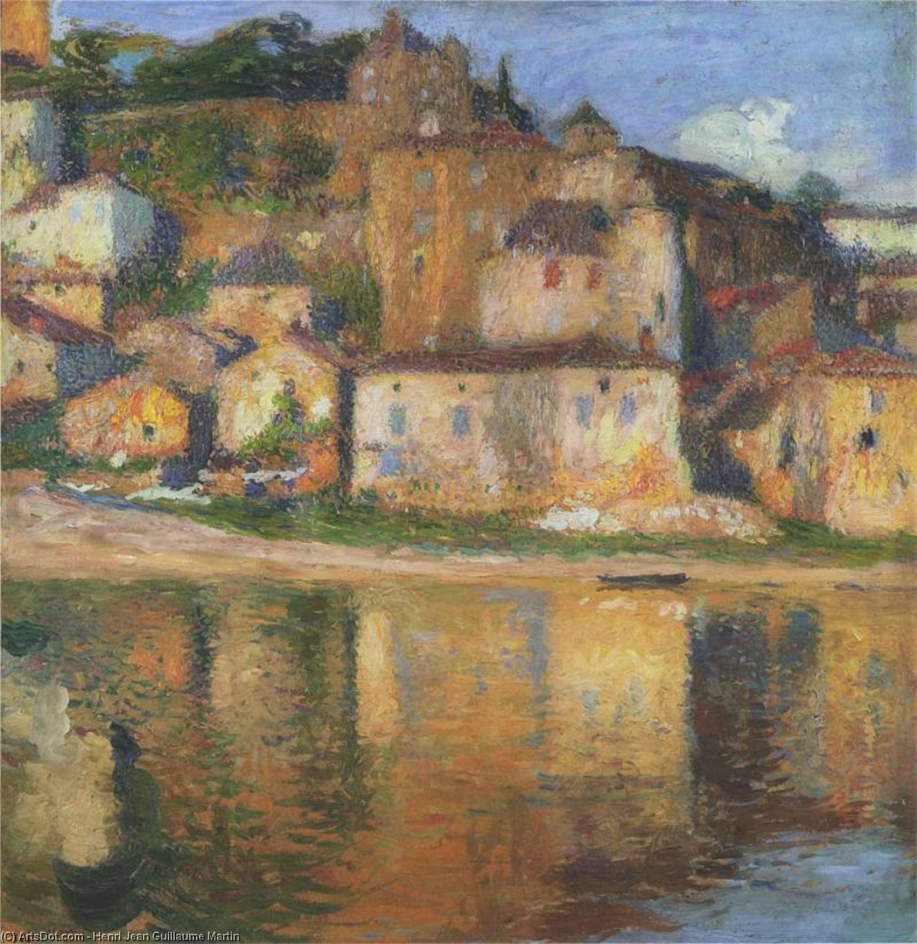 Henri Jean Guillaume Martin Descubre 'vista De Puy L’eveque' De Henri Jean Guillaume Martin – Una Pintura Paisajista Impresionista Serena De Un Pueblo A Orillas Del Río. Colores Cálidos, Pinceladas Sueltas Y Luz Atmosférica Evocan Tranquilidad. Una Pieza — Henri Jean Guillaume Martin