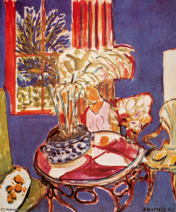 마티스의 푸른 안뜰 (petit Intérieur Bleu) - 독일 슈투트가르트 국립 미술관 소장, 앙리 마티스의 혁신적인 색채 사용과 조형 감각을 보여주는 강렬한 푸른 방의 작품입니다. 이 그림은 전쟁 이후 유럽의 불안정한 시대를 반영하면서도, 평온함과 낙관주의를 선사하며 아름다움의 안식처를 제공합니다. 캔버스에는 깊고 밝은 청색이 사용되어 깊이와 평화를 자아내며, 창문 너머의 녹색 풍경은 공간에 생기를 불어넣습니다. 마티스는 색채를 독립적인 표현 — 앙리 마티스
