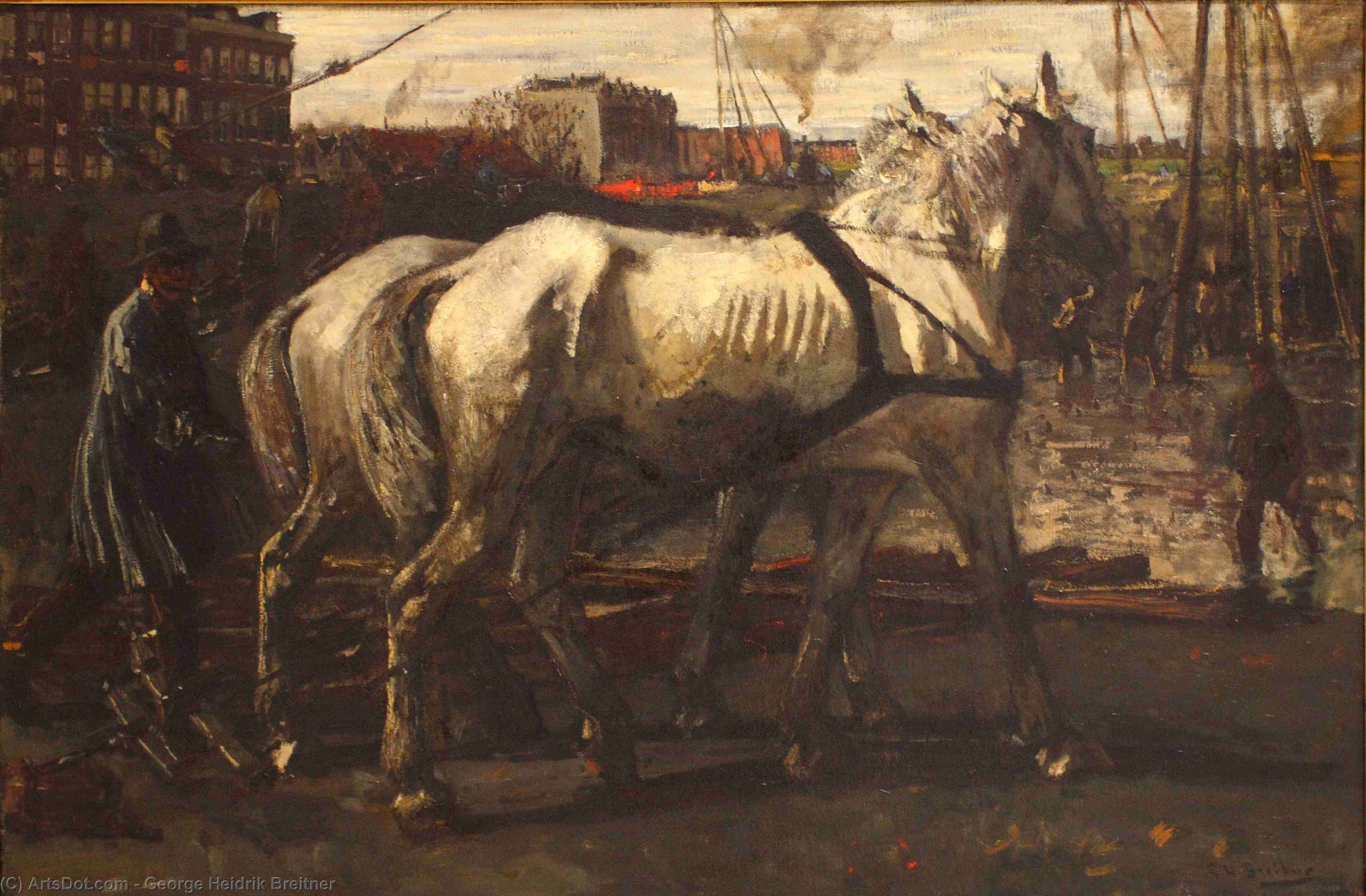 Two White Horses Pulling Posts In Amsterdam — George Hendrik Breitner