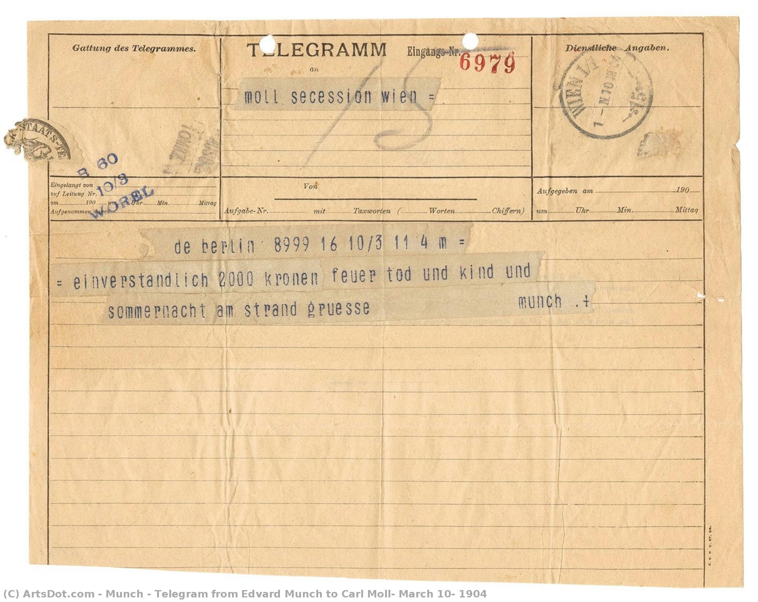 Telegram From Edvard Munch To Carl Moll, March 10, 1904 — Edvard Munch