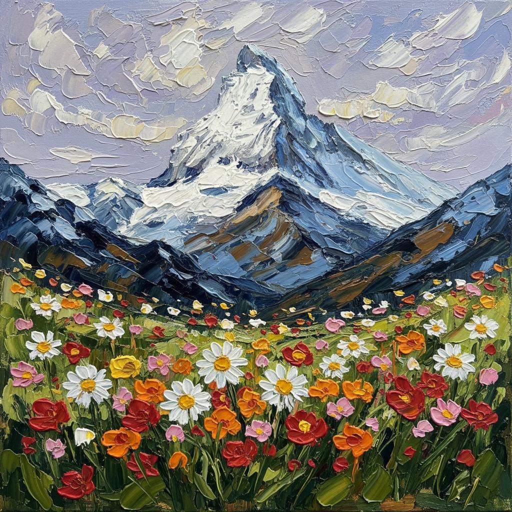 Ethereal Alpine Bloom: A Singular Masterpiece Of Textured Summits And Vibrant Wildflowers — Christian Noiret